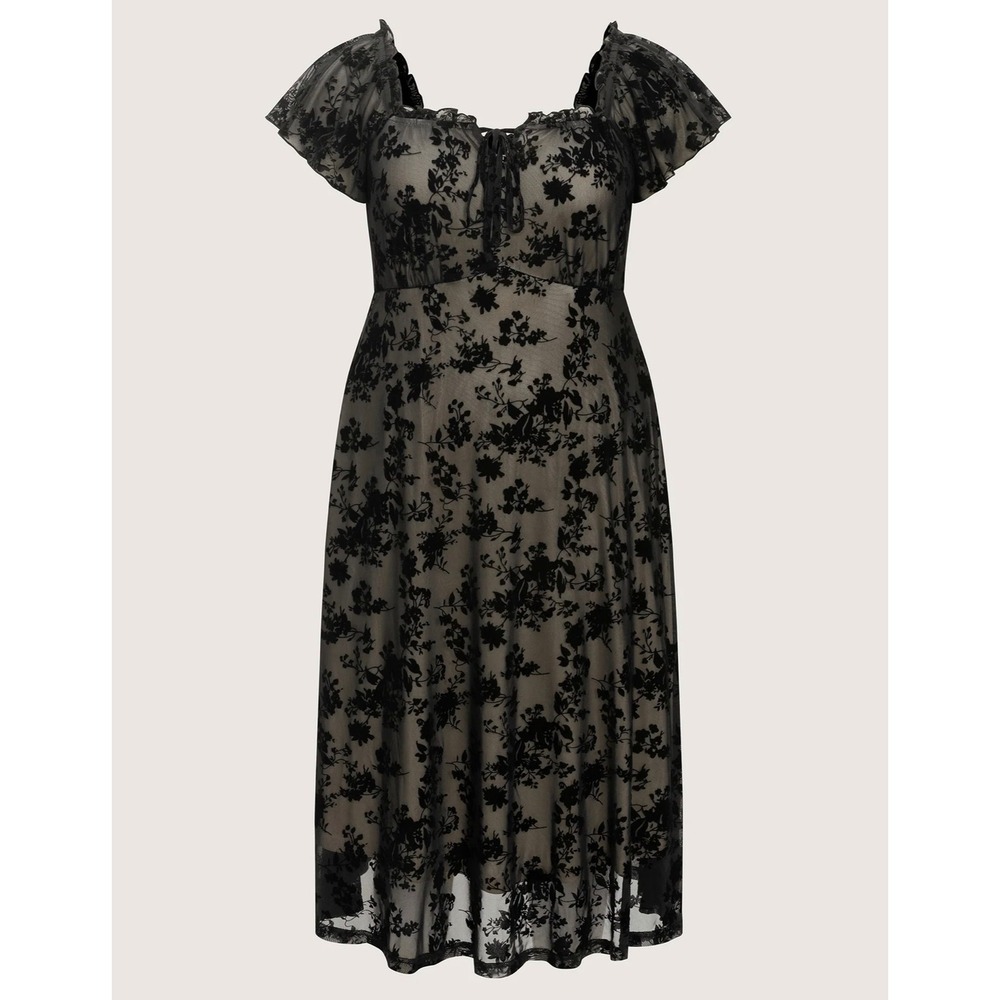 Bloomchic Black Floral Mesh Stretchy Midi Dress Romantic Short Sleeve 1X 14-16 - Picture 3 of 10